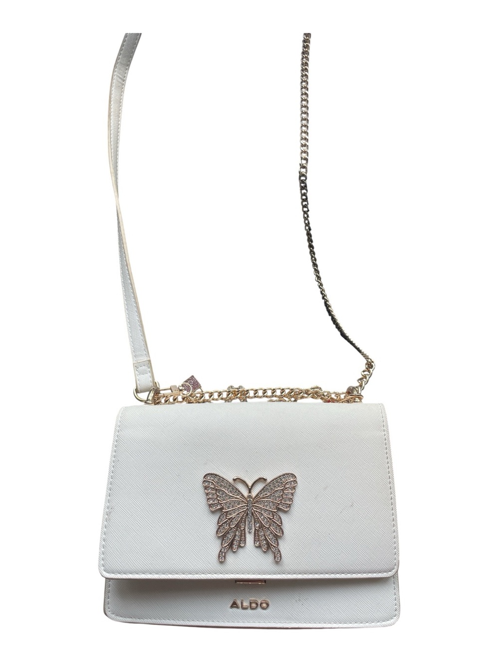 ALDO white crossbody bag with gold butterfly accent